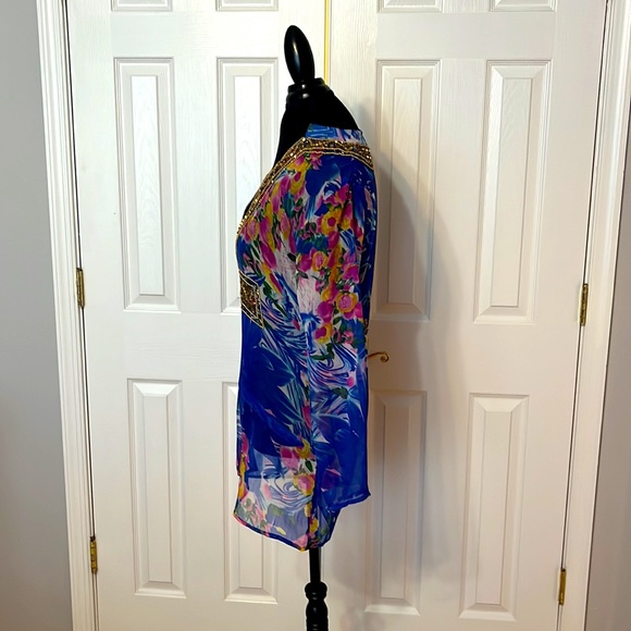 Custom Made Indian Style Blue Floral Tunic - Fits Size Small to Medium - Picture 3 of 7